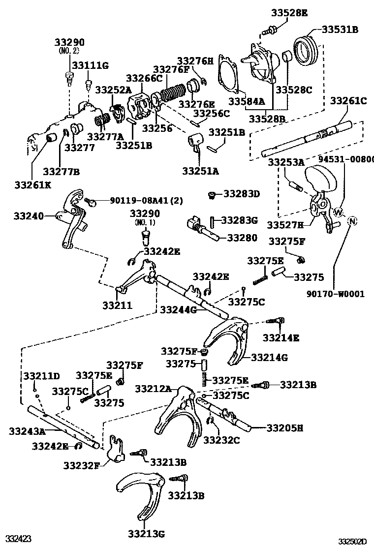 Toyota COROLLA 换档拨叉和换档杆轴(MTM) EPC diagram — 332502D
