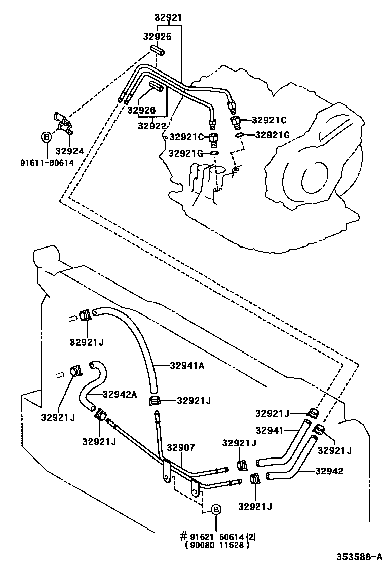 Toyota COROLLA 变速器油冷却器和配管(ATM) EPC diagram — 353588A