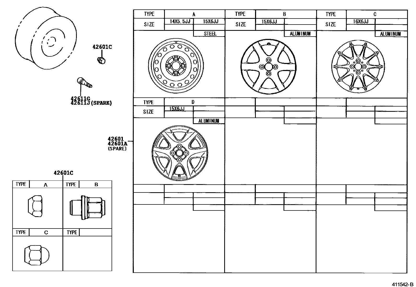 Toyota COROLLA 车轮和车轮盖 EPC diagram — 411542B