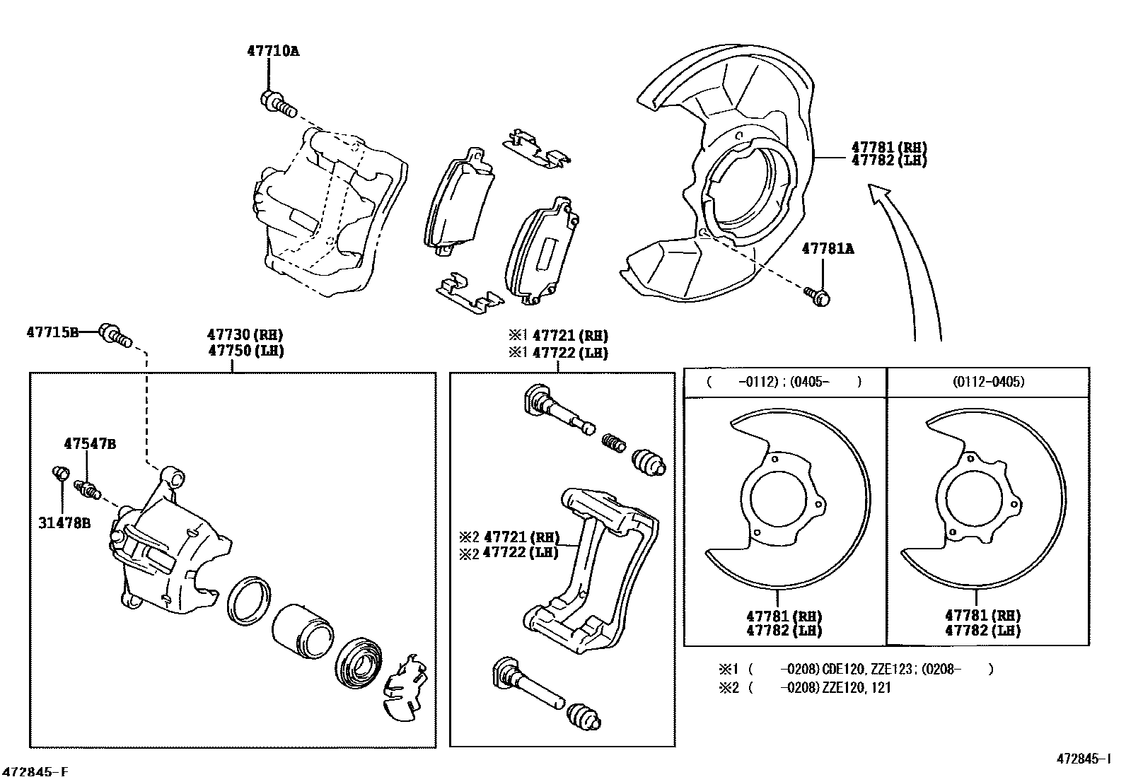 Toyota COROLLA 前盘式制动器卡钳和防尘罩 EPC diagram — 472845I