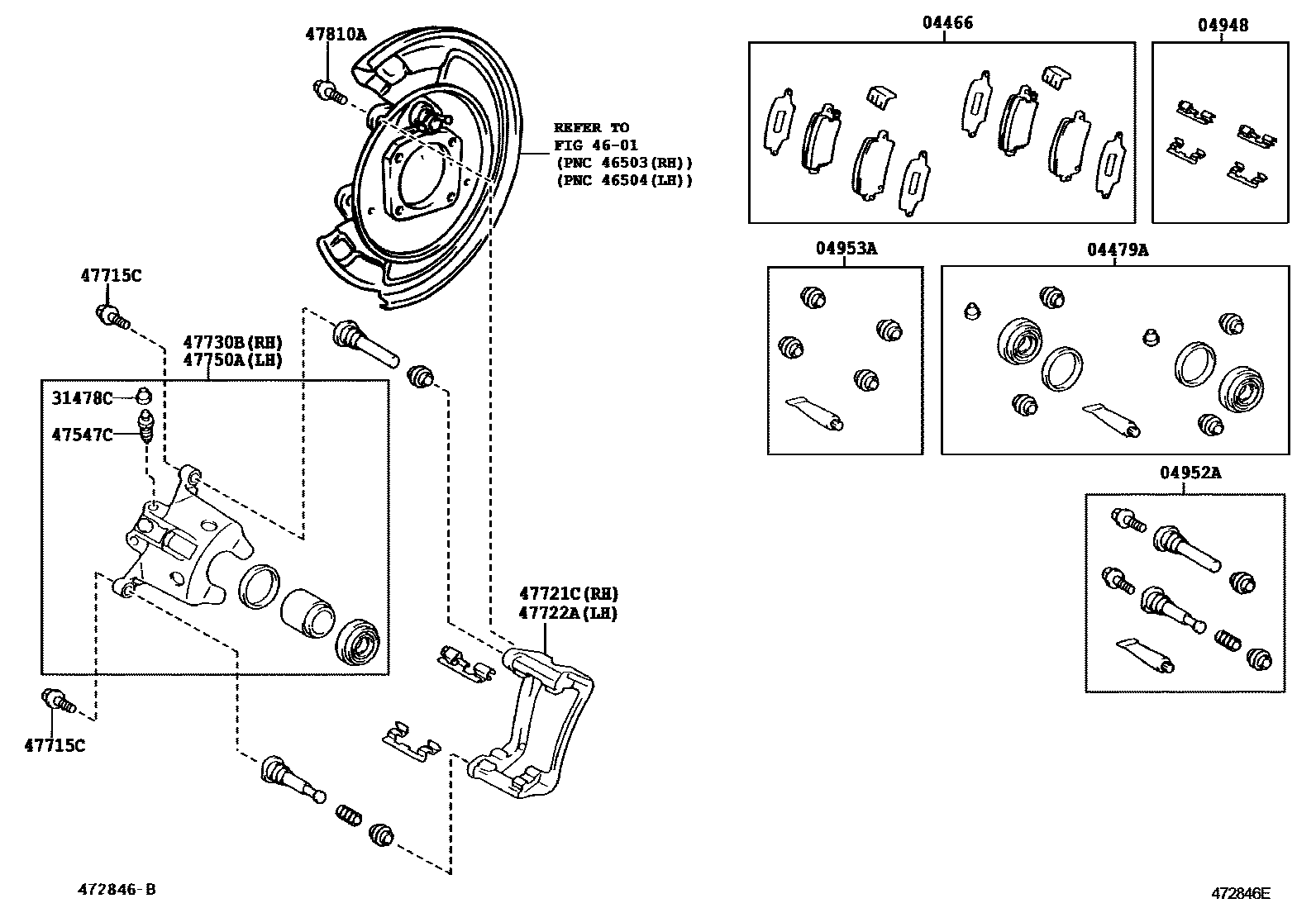 Toyota COROLLA 后盘式制动器卡钳和防尘罩 EPC diagram — 472846E