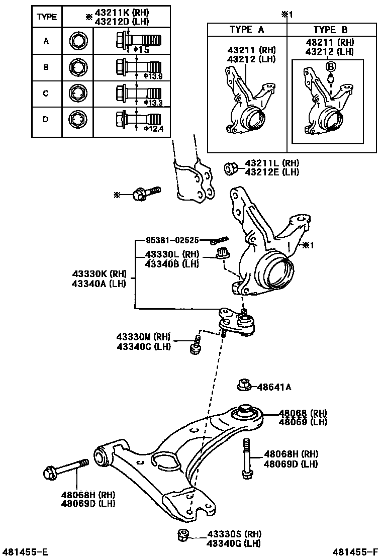 Toyota COROLLA 前桥控制臂和转向节 EPC diagram — 481455F