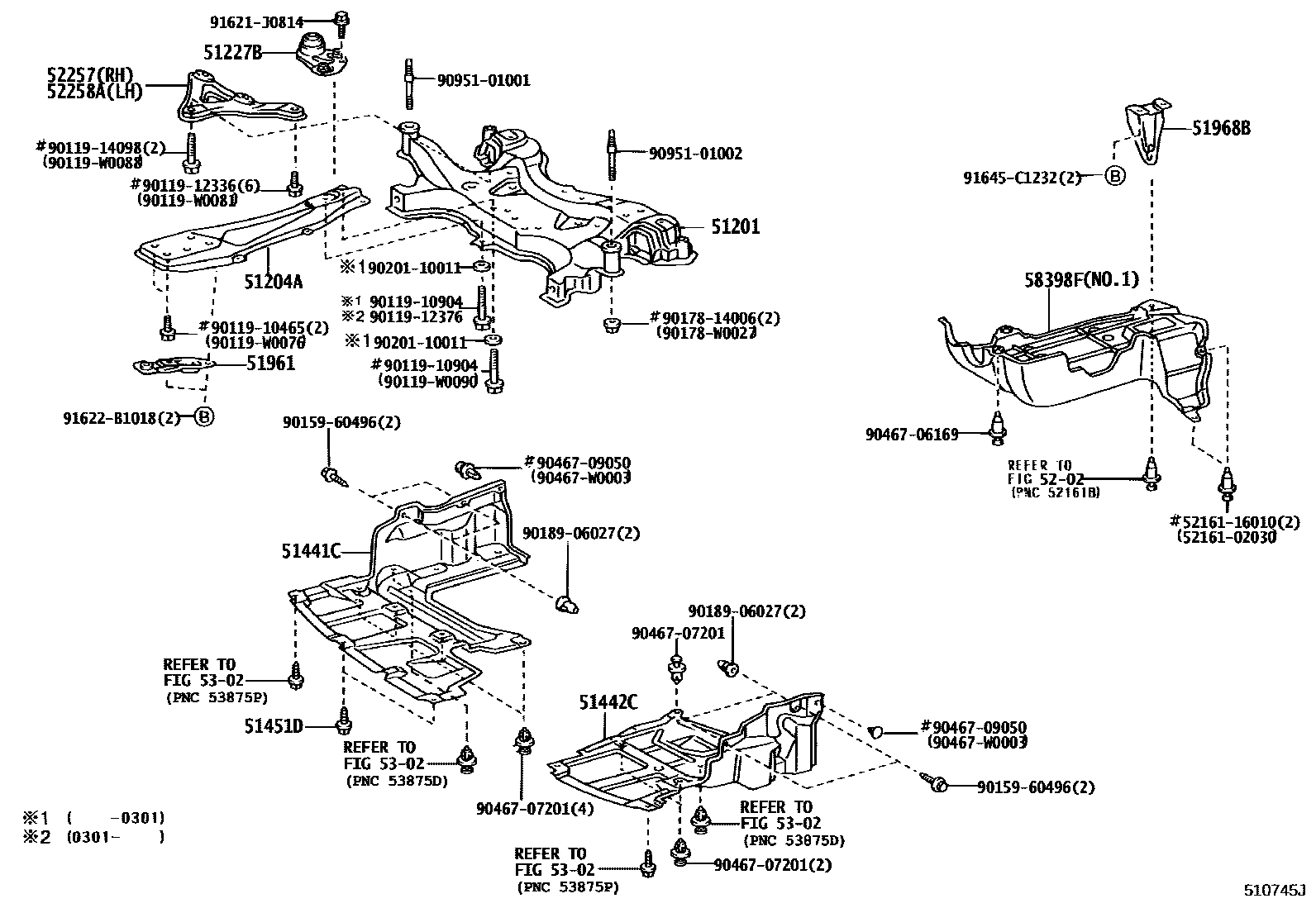 Toyota COROLLA 悬架横梁和发动机底罩 EPC diagram — 510745J
