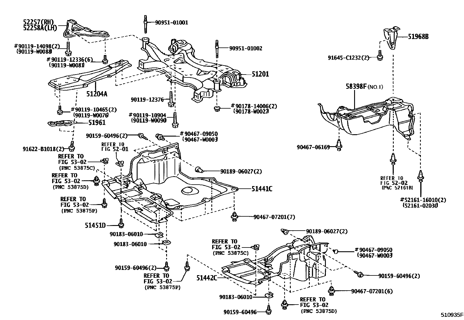 Toyota COROLLA 悬架横梁和发动机底罩 EPC diagram — 510935F