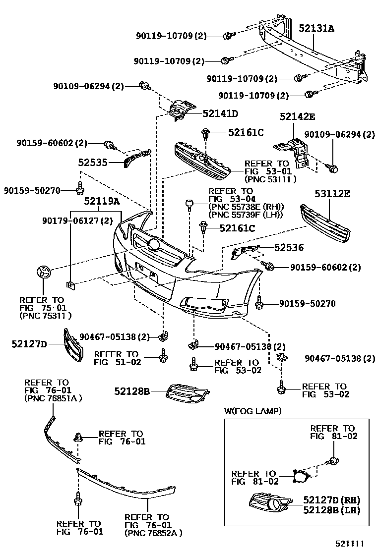 Toyota COROLLA 前保险杠及附件 EPC diagram — 521111
