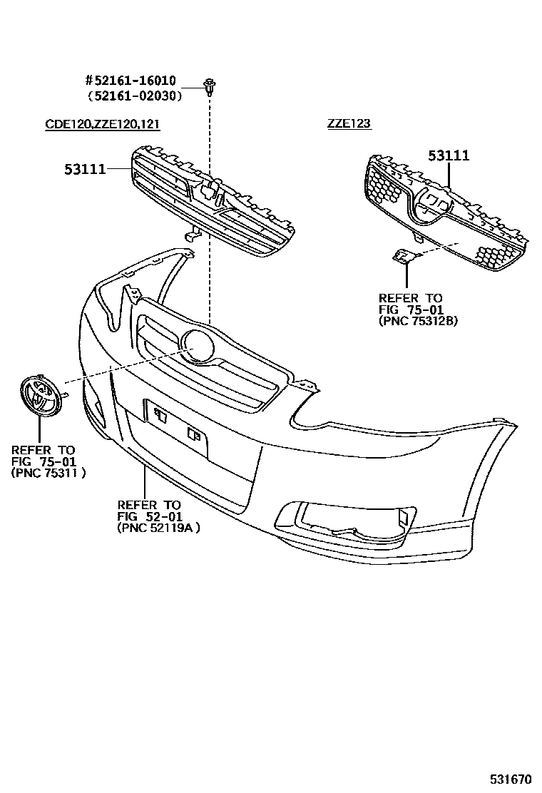 Toyota COROLLA radiator grille EPC diagram — 531670