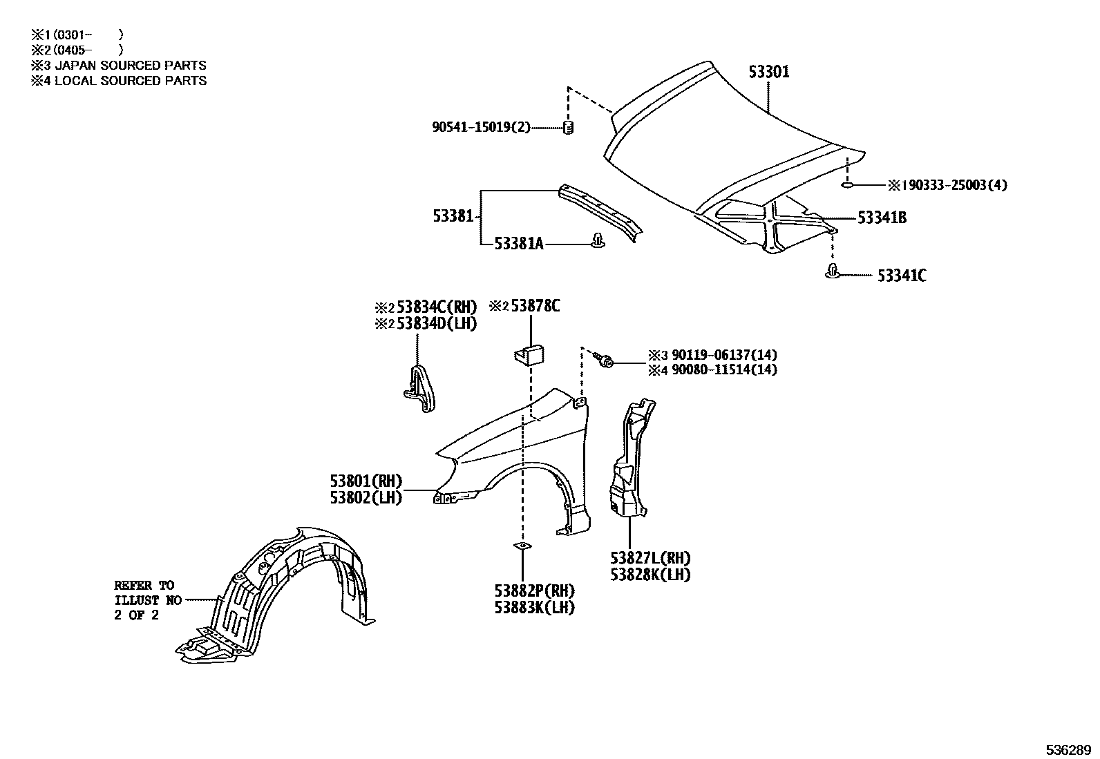 Toyota COROLLA 发动机盖和前翼子板 EPC diagram — 536289