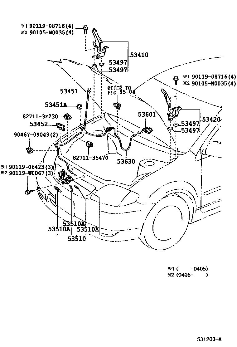 Toyota COROLLA 发动机盖锁和铰链 EPC diagram — 531203A