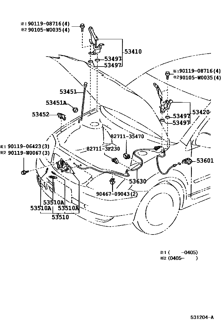 Toyota COROLLA 发动机盖锁和铰链 EPC diagram — 531204A
