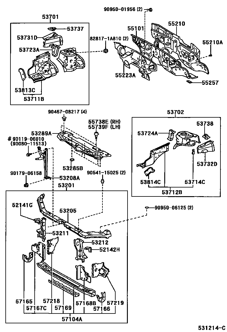 Toyota COROLLA 前翼子板挡泥板和前围板 EPC diagram — 531214C
