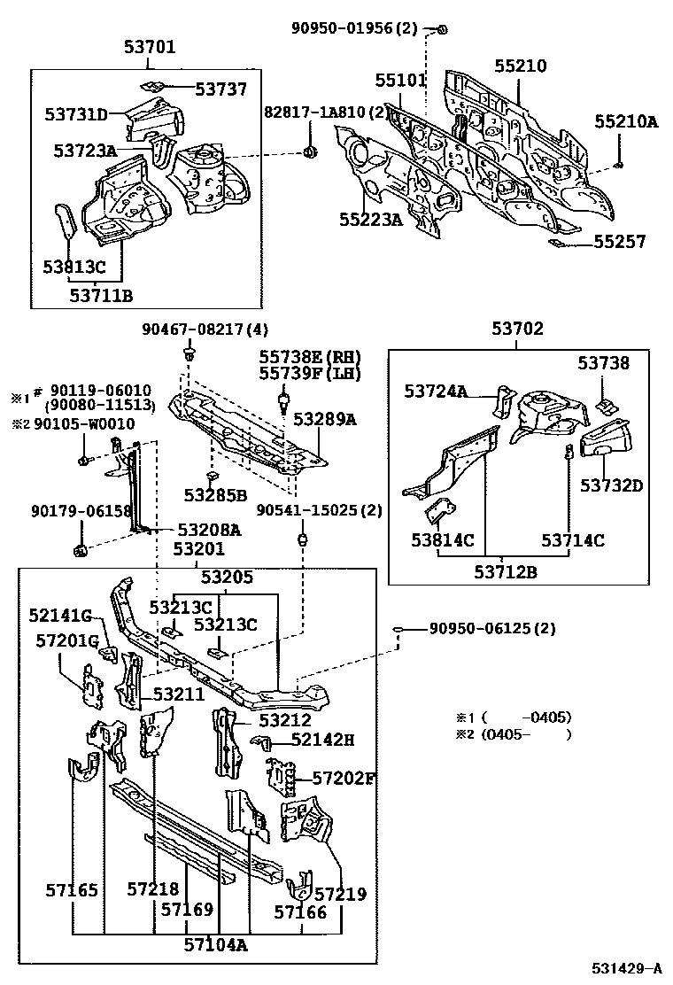 Toyota COROLLA 前翼子板挡泥板和前围板 EPC diagram — 531429A