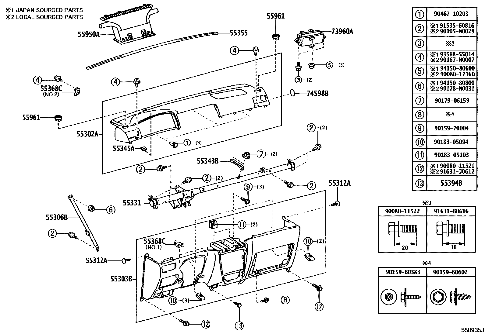 Toyota COROLLA 仪表板和手套箱 EPC diagram — 550935J