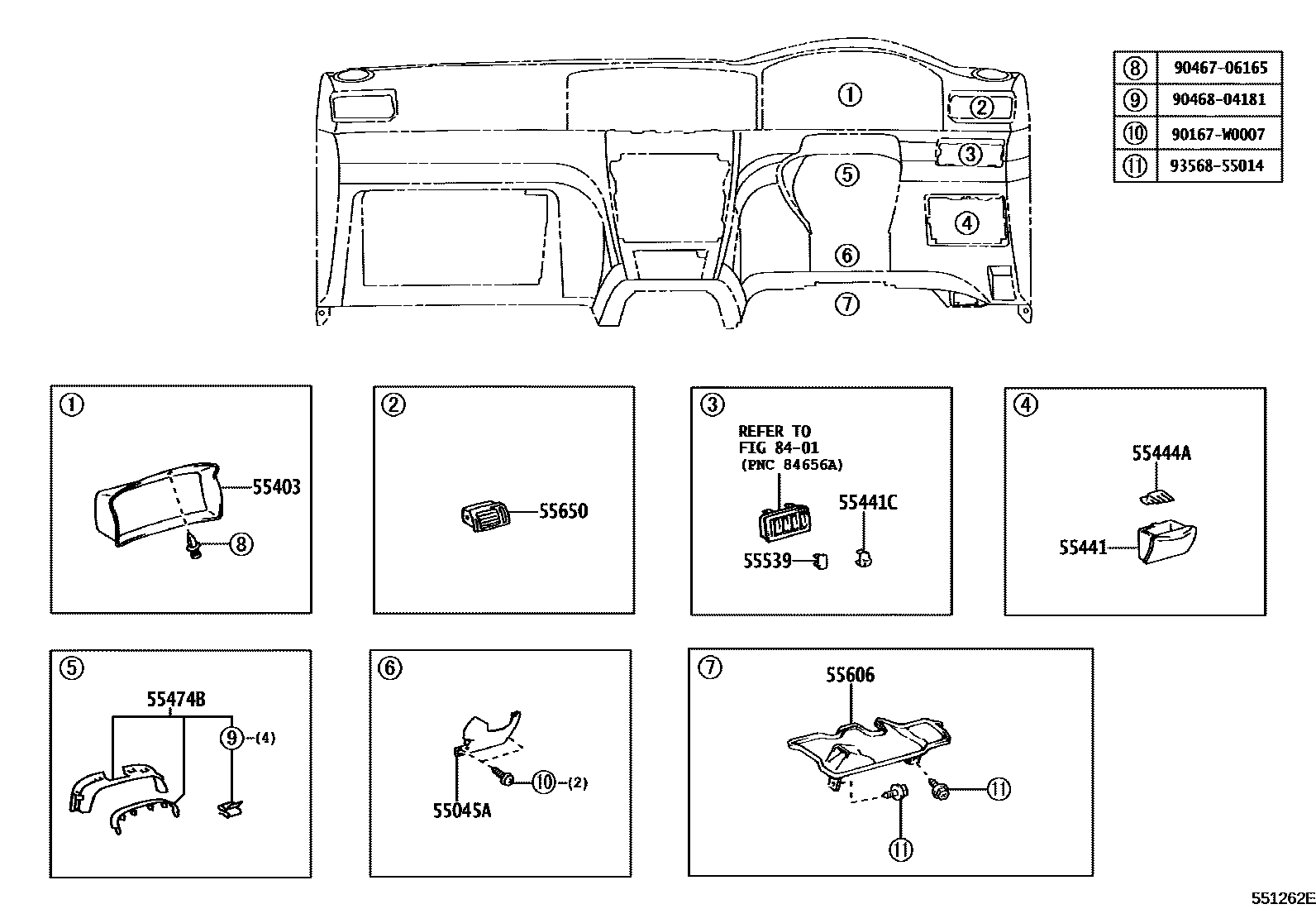 Toyota COROLLA 仪表板和手套箱 EPC diagram — 551262E
