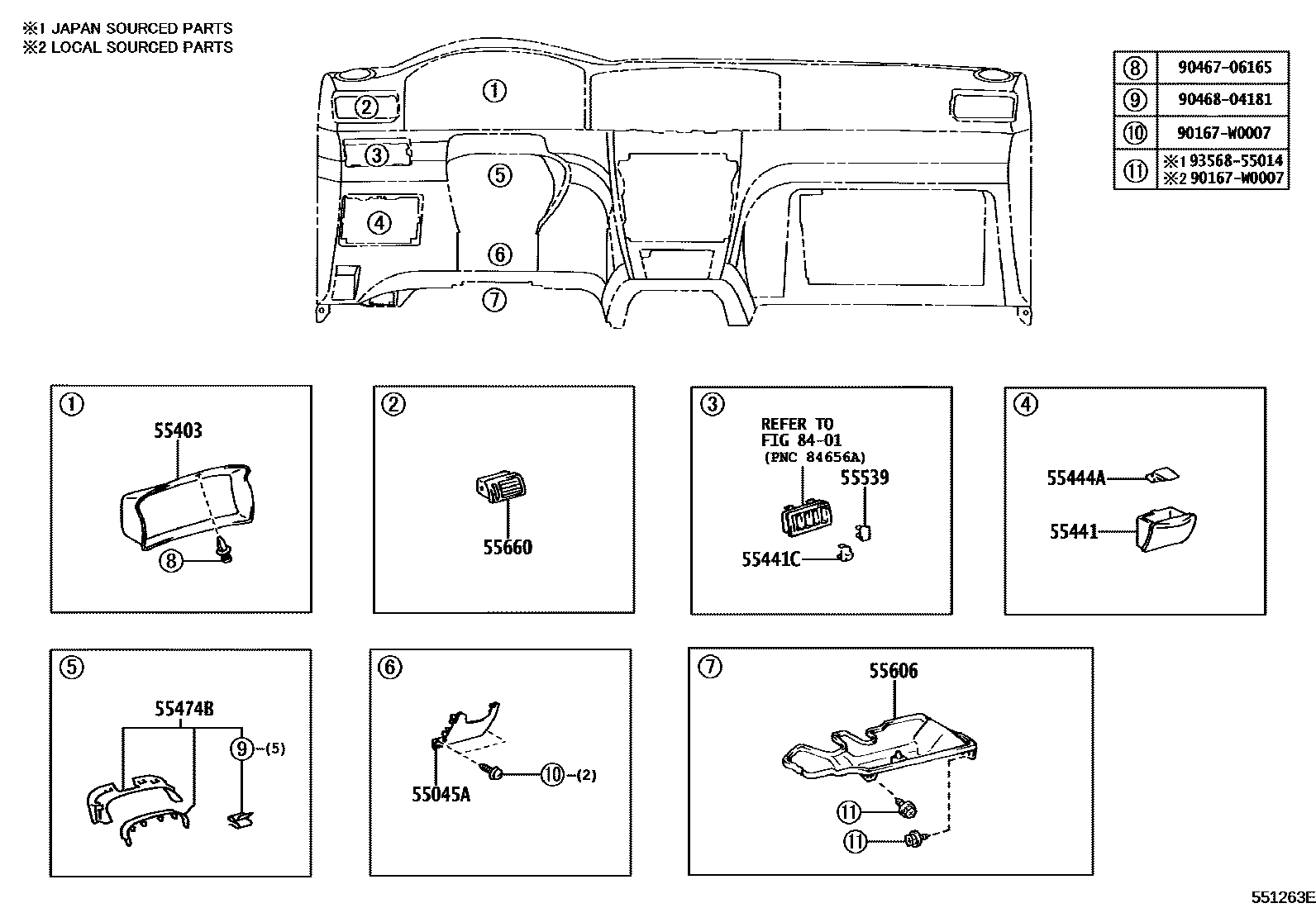 Toyota COROLLA 仪表板和手套箱 EPC diagram — 551263E