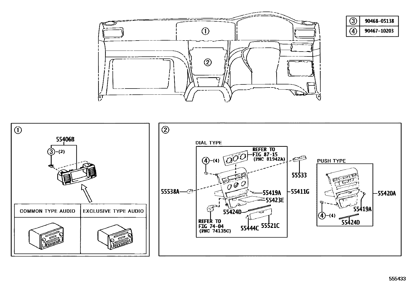 Toyota COROLLA 仪表板和手套箱 EPC diagram — 555433