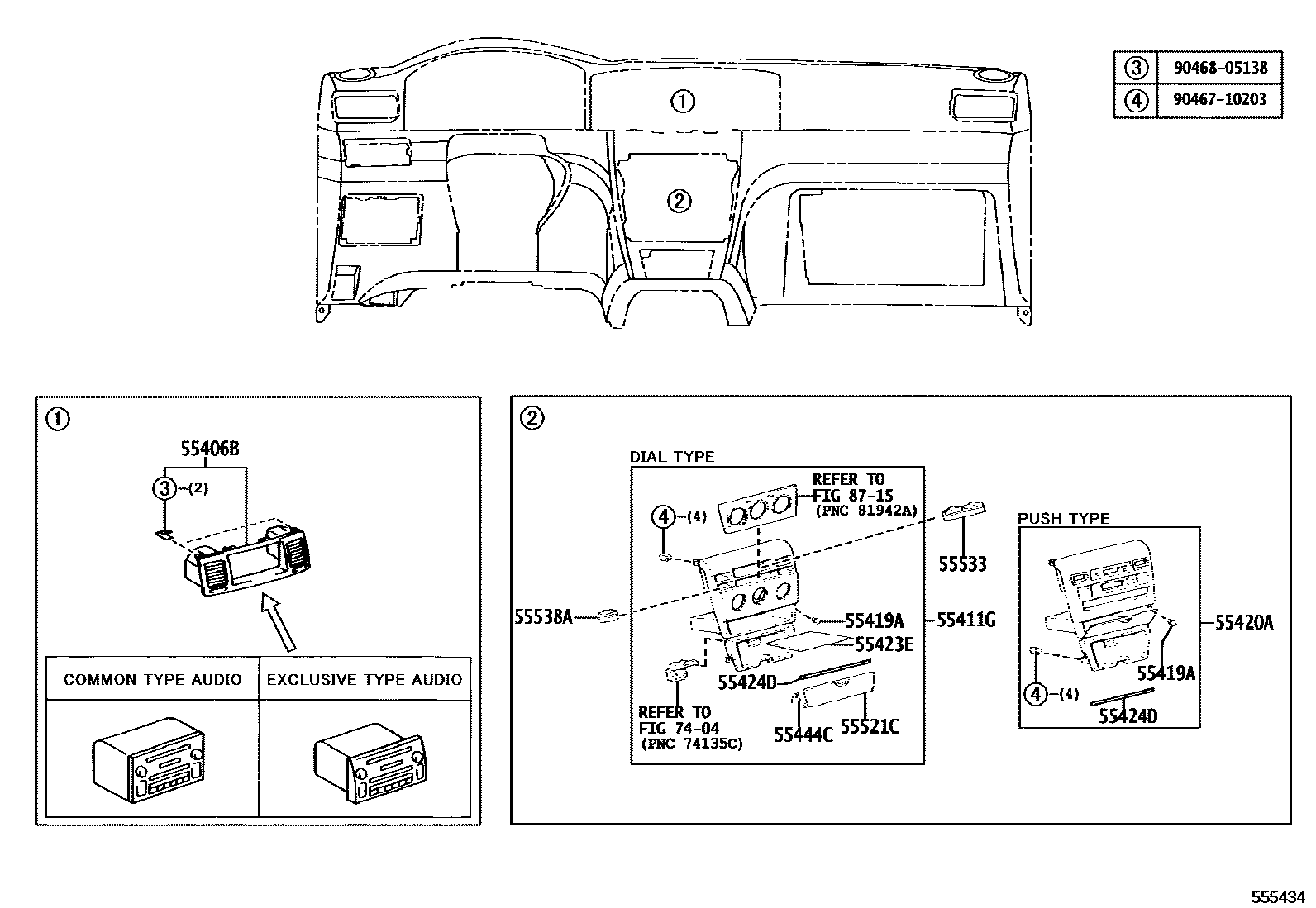 Toyota COROLLA 仪表板和手套箱 EPC diagram — 555434