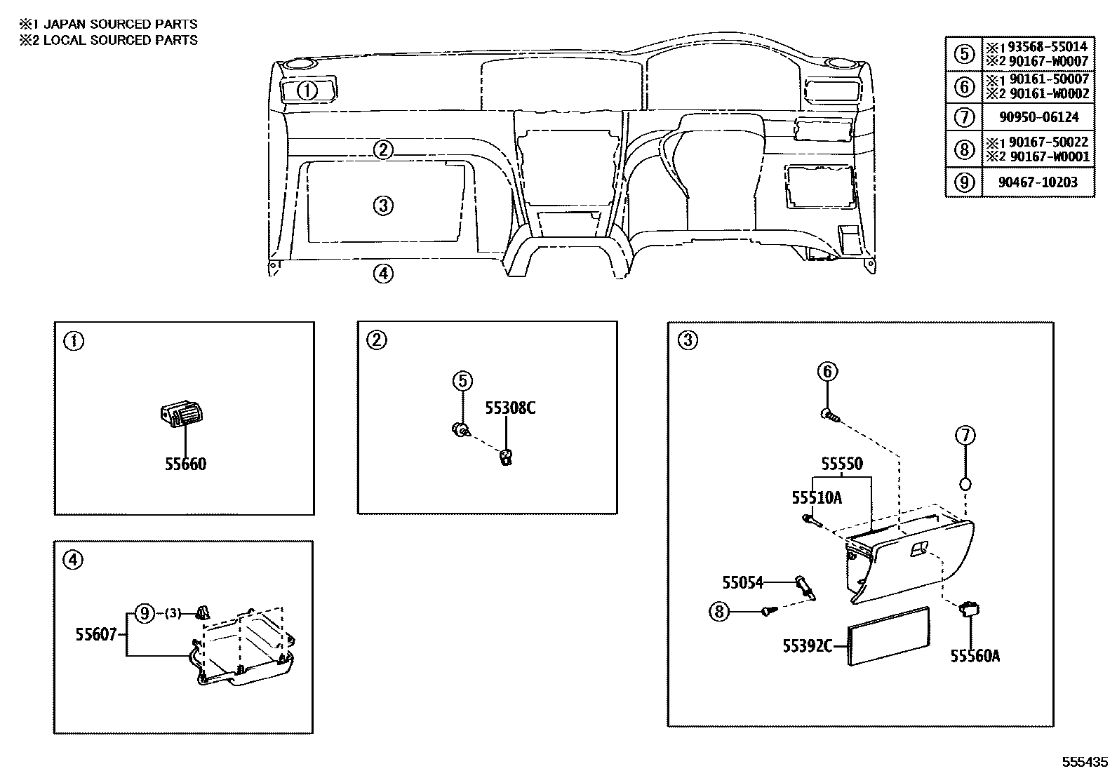 Toyota COROLLA 仪表板和手套箱 EPC diagram — 555435