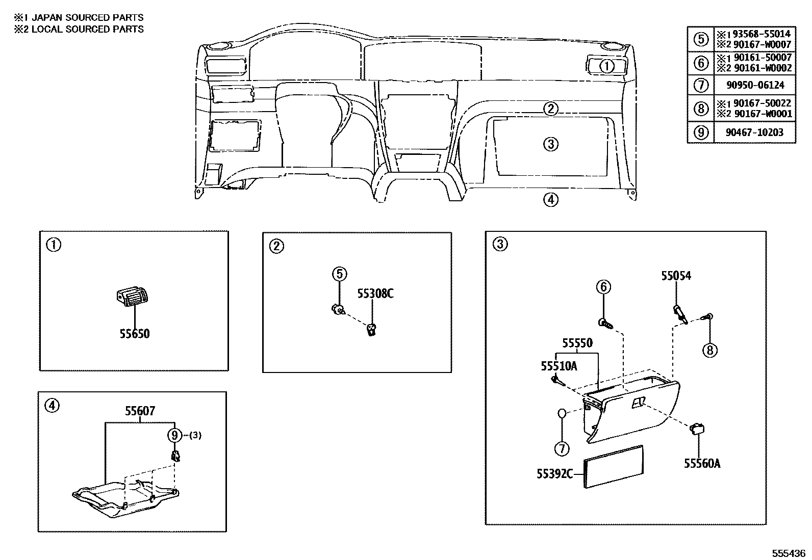 Toyota COROLLA 仪表板和手套箱 EPC diagram — 555436