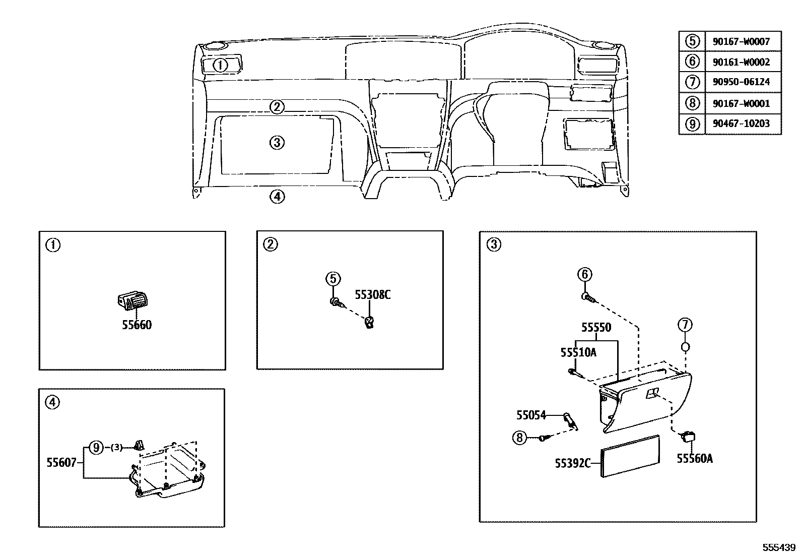 Toyota COROLLA 仪表板和手套箱 EPC diagram — 555439