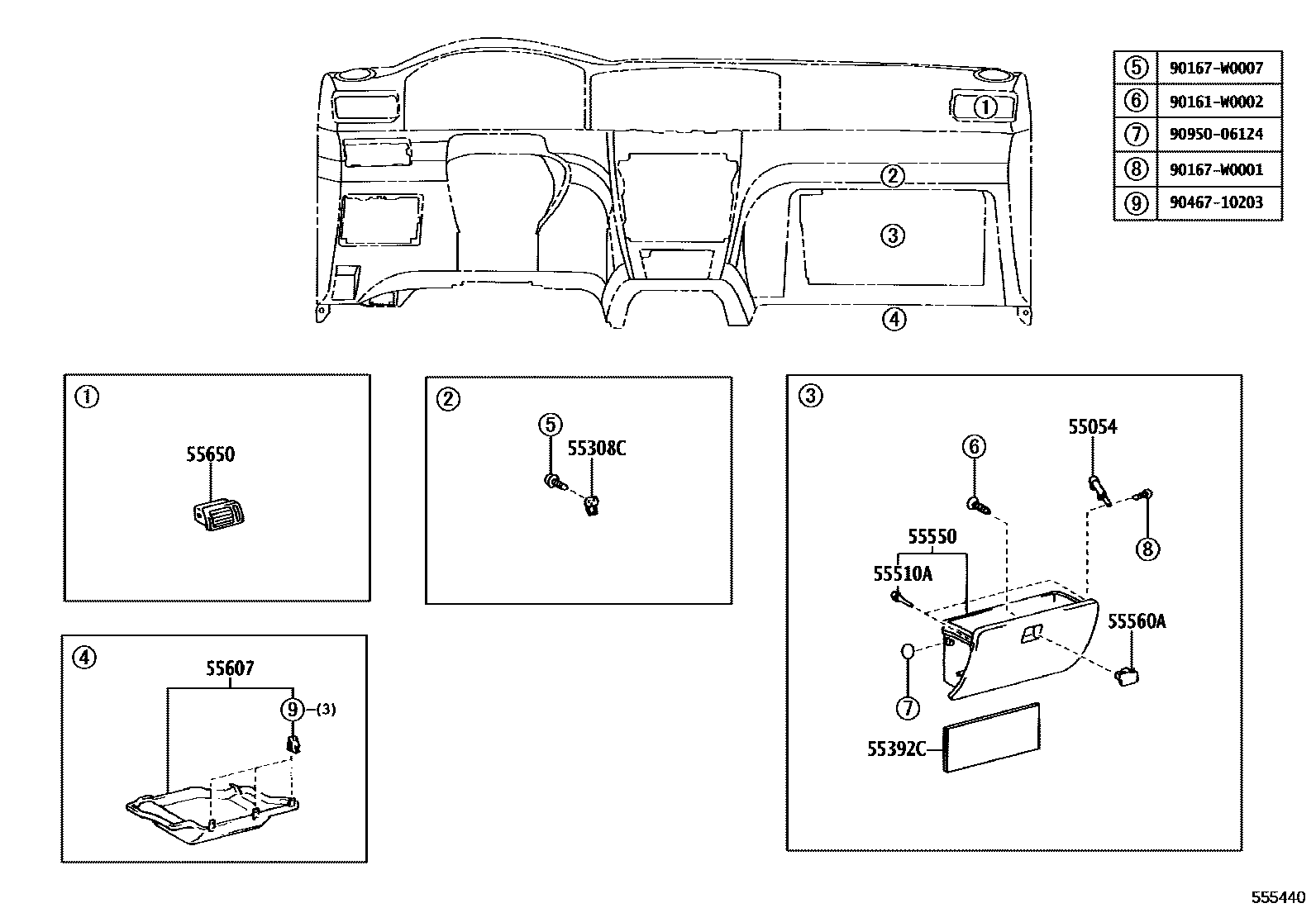 Toyota COROLLA 仪表板和手套箱 EPC diagram — 555440