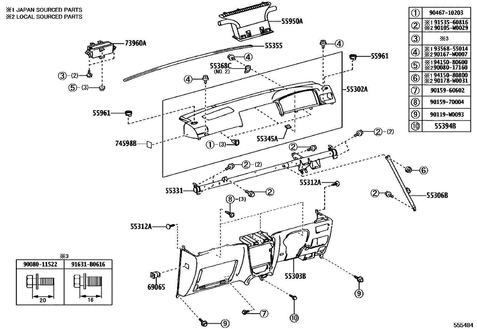 Toyota COROLLA 仪表板和手套箱 EPC diagram — 555484