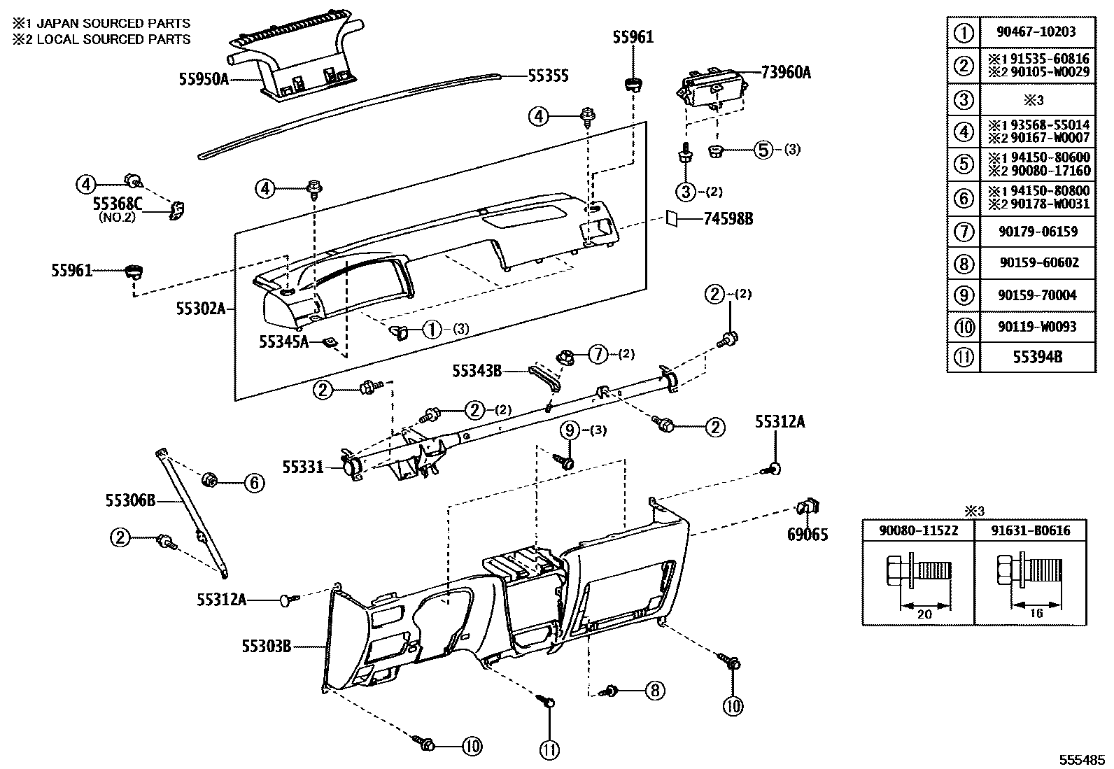 Toyota COROLLA 仪表板和手套箱 EPC diagram — 555485