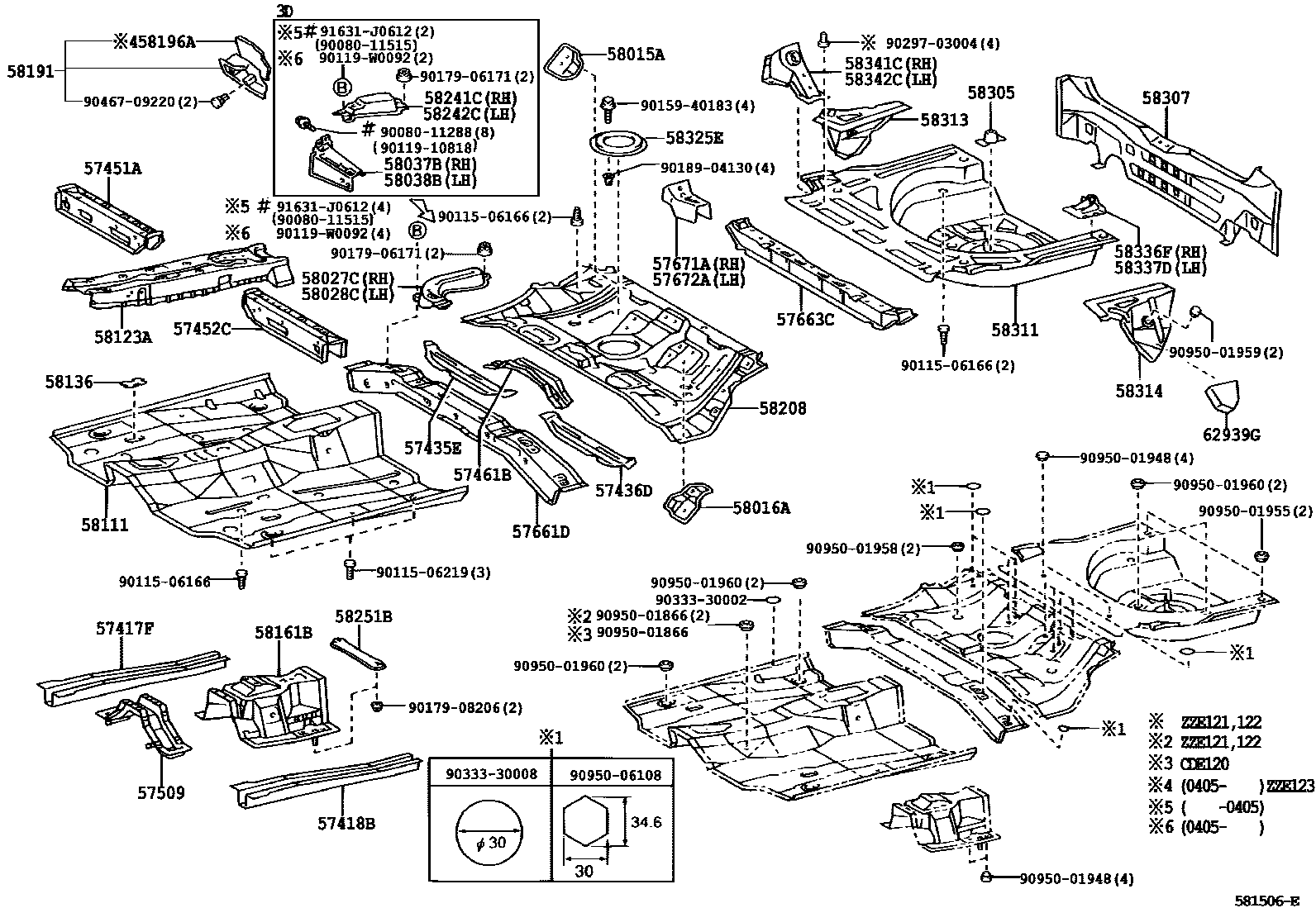 Toyota COROLLA 浅盘形地板和车身下背板 EPC diagram — 581506E