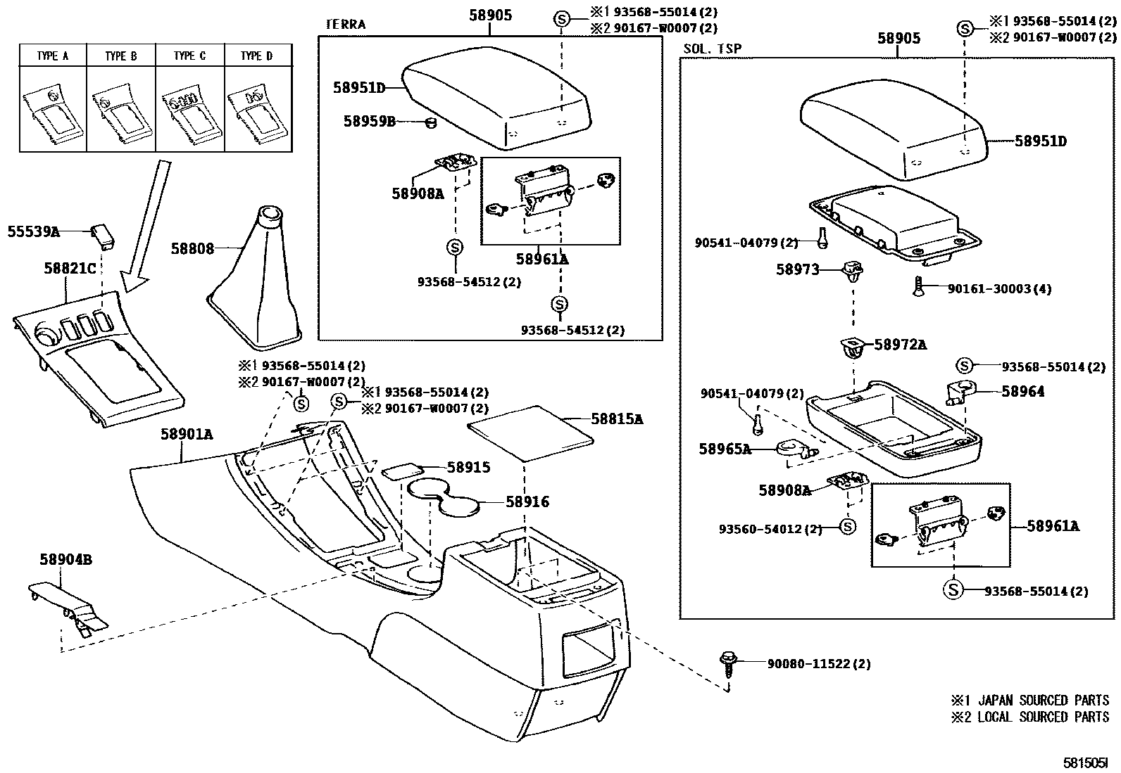 Toyota COROLLA 中央扶手箱和支架 EPC diagram — 581505I