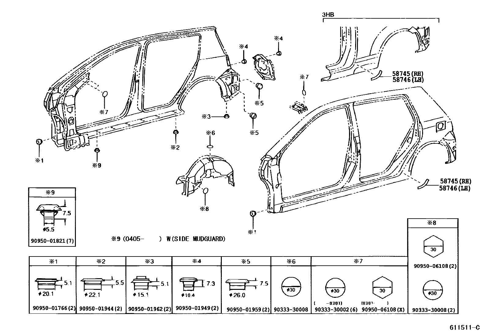 Toyota COROLLA 侧梁 EPC diagram — 611511C