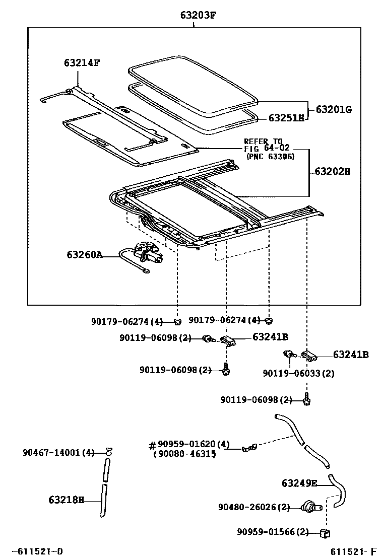 Toyota COROLLA 天窗板和背窗玻璃 EPC diagram — 611521F
