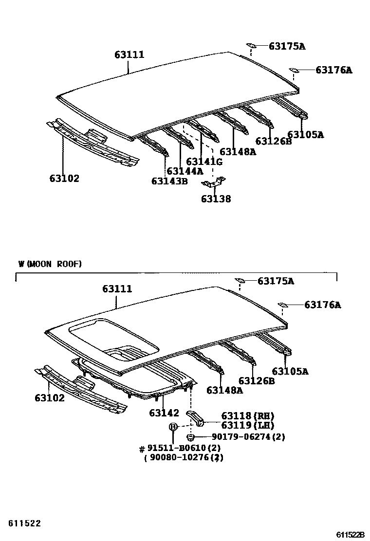 Toyota COROLLA 天窗板和背窗玻璃 EPC diagram — 611522B