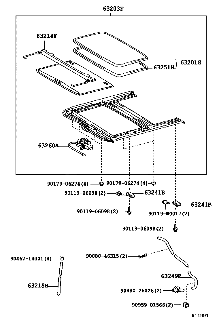 Toyota COROLLA 天窗板和背窗玻璃 EPC diagram — 611991