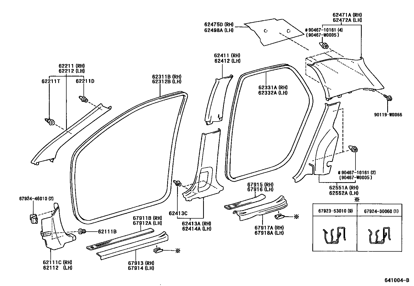 Toyota COROLLA 内饰板和车门防水胶条 EPC diagram — 641004B