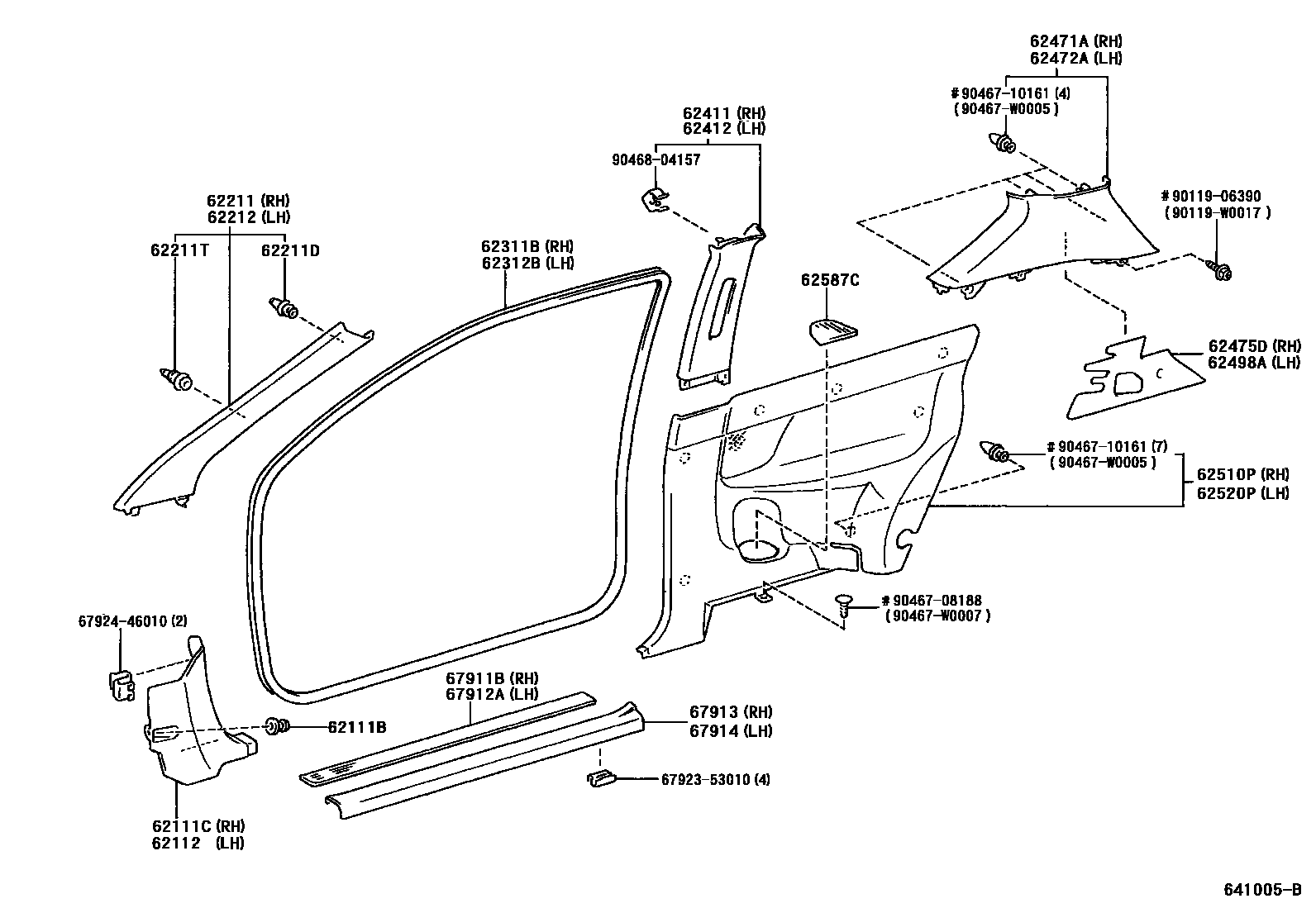 Toyota COROLLA 内饰板和车门防水胶条 EPC diagram — 641005B