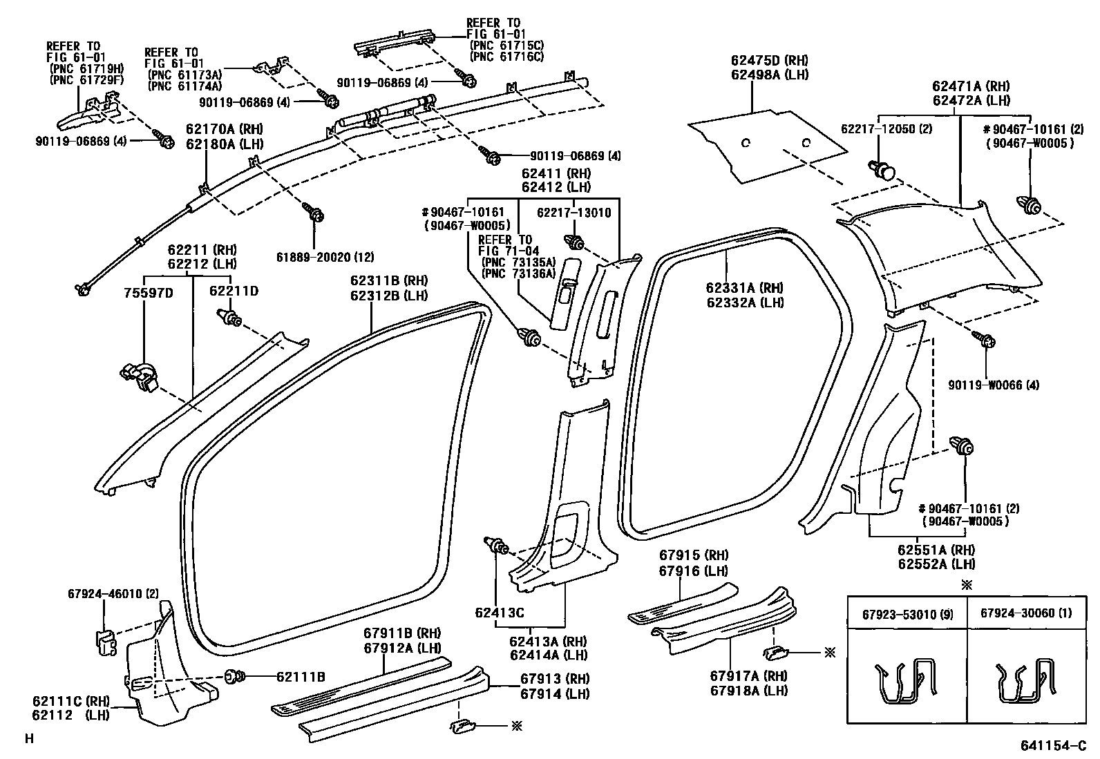 Toyota COROLLA 内饰板和车门防水胶条 EPC diagram — 641154C