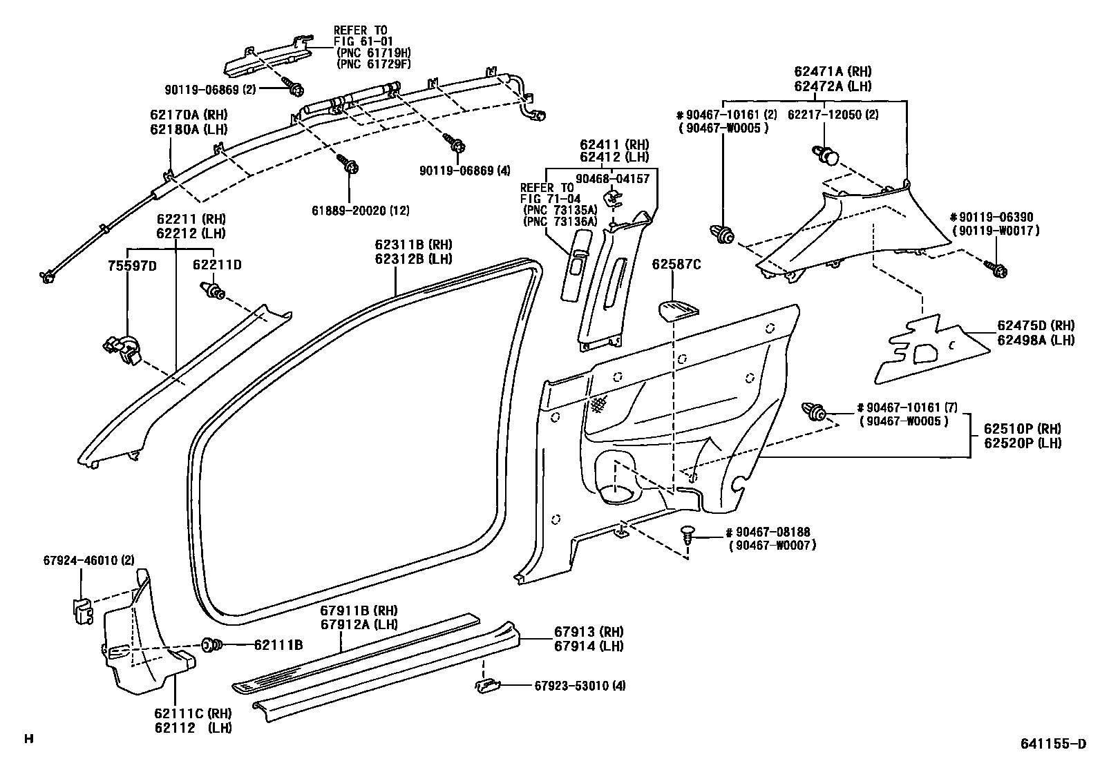 Toyota COROLLA 内饰板和车门防水胶条 EPC diagram — 641155D