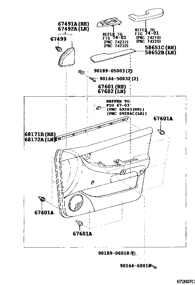 Toyota COROLLA 前门板和前门玻璃 EPC diagram — 672607C