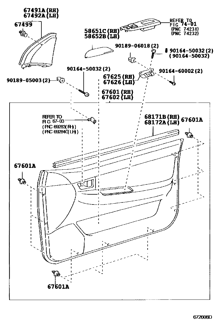 Toyota COROLLA 前门板和前门玻璃 EPC diagram — 672608D
