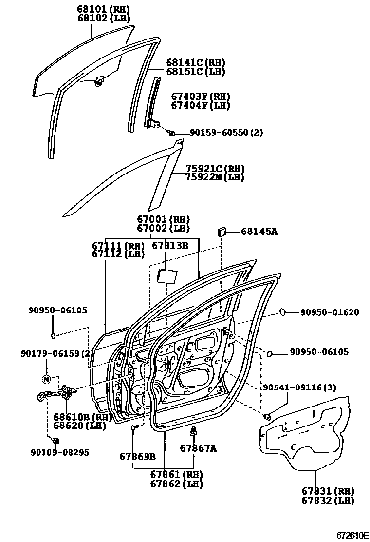 Toyota COROLLA 前门板和前门玻璃 EPC diagram — 672610E