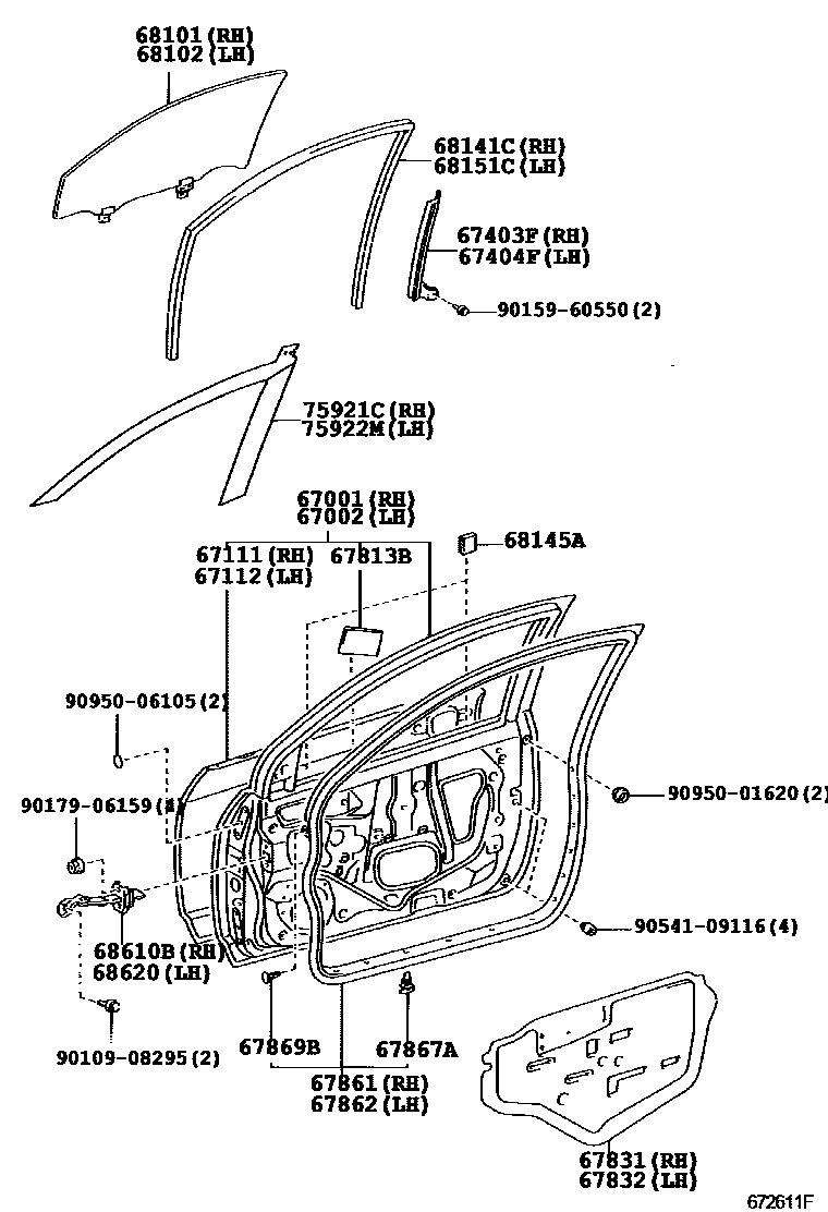 Toyota COROLLA 前门板和前门玻璃 EPC diagram — 672611F