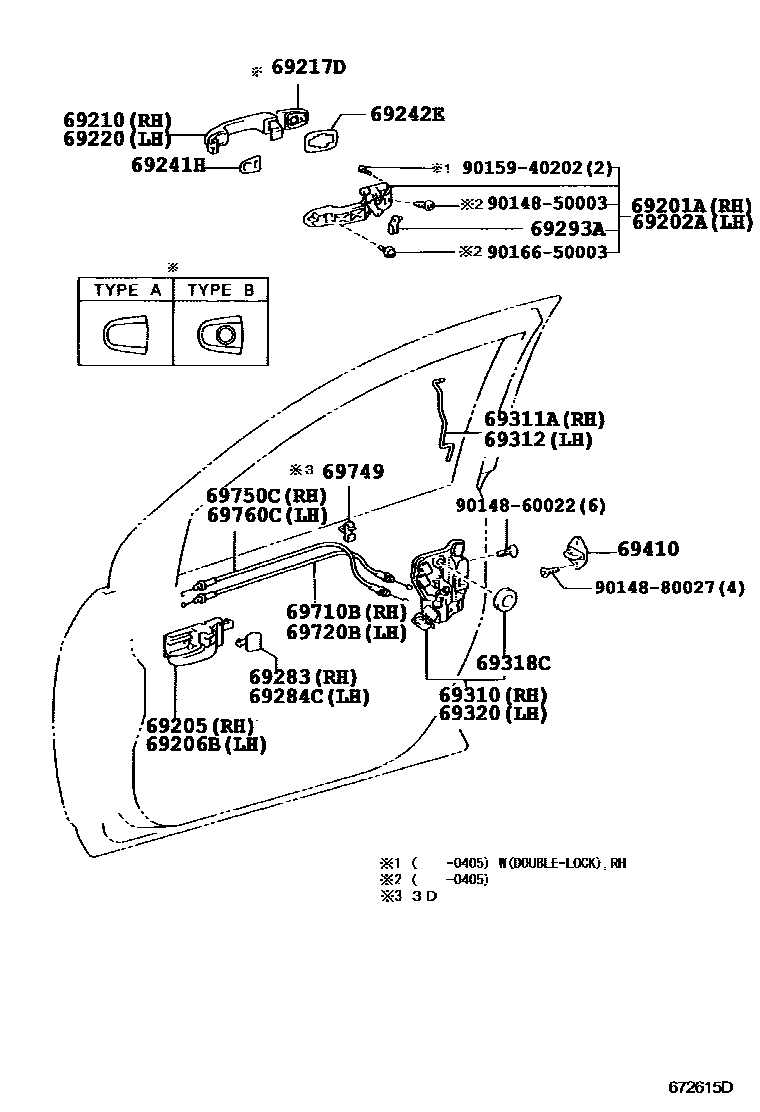 Toyota COROLLA 前门锁和车门把手 EPC diagram — 672615D