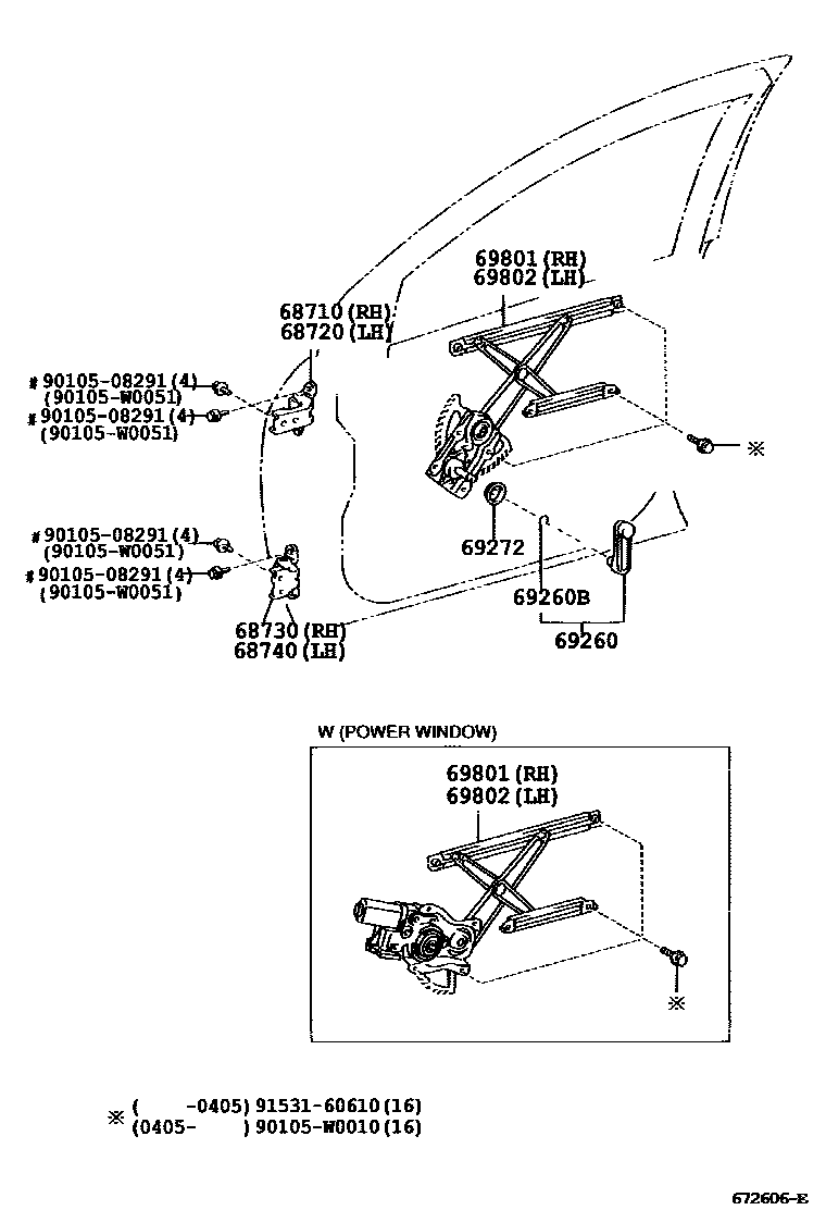 Toyota COROLLA 前门车窗升降器和合页 EPC diagram — 672606E
