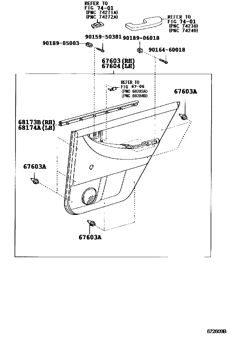 Toyota COROLLA 后门板和后门玻璃 EPC diagram — 672609B