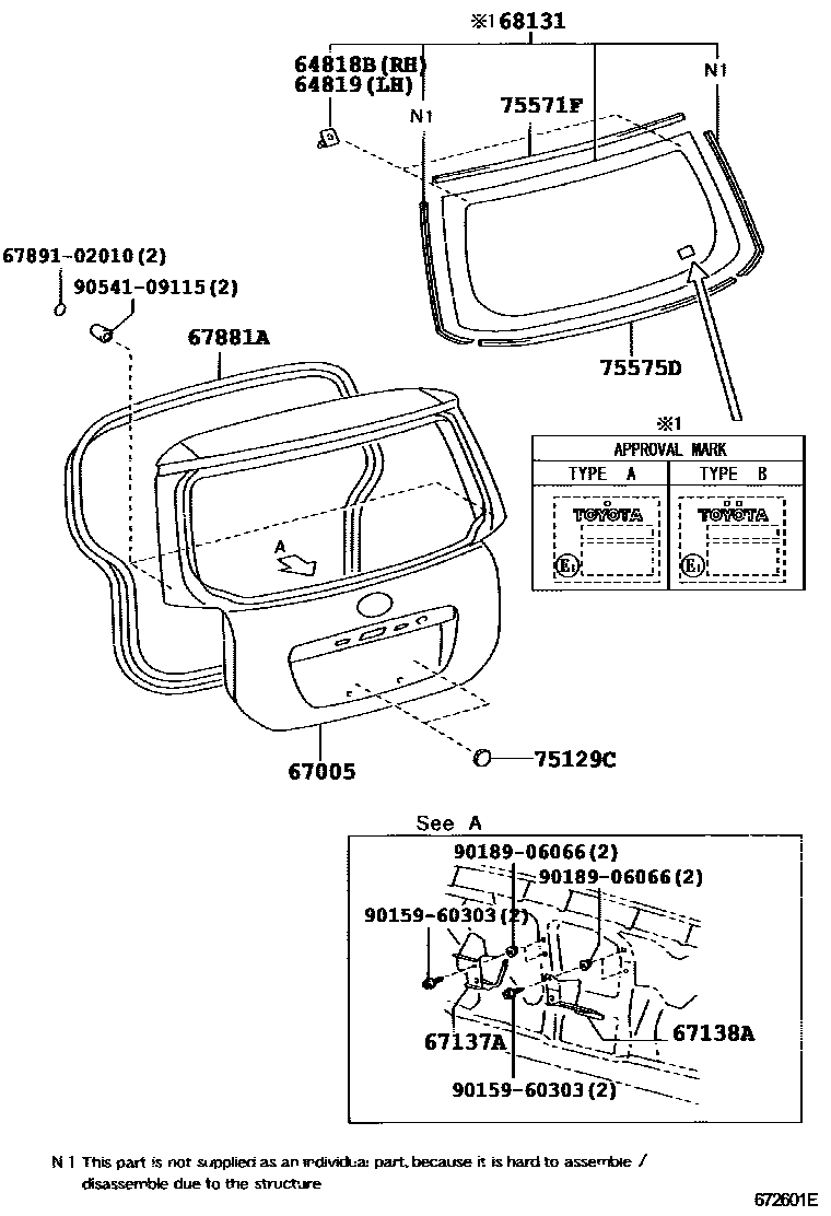 Toyota COROLLA 背门板和背门玻璃 EPC diagram — 672601E