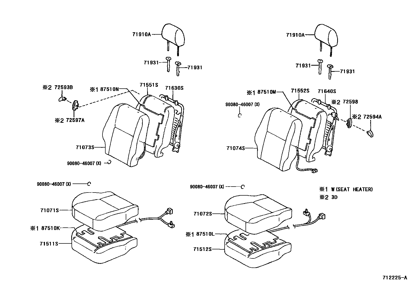 Toyota COROLLA 前排座椅和座椅滑轨 EPC diagram — 712225A