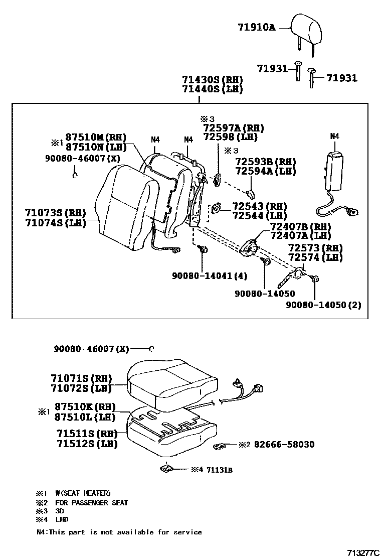 Toyota COROLLA 前排座椅和座椅滑轨 EPC diagram — 713277C