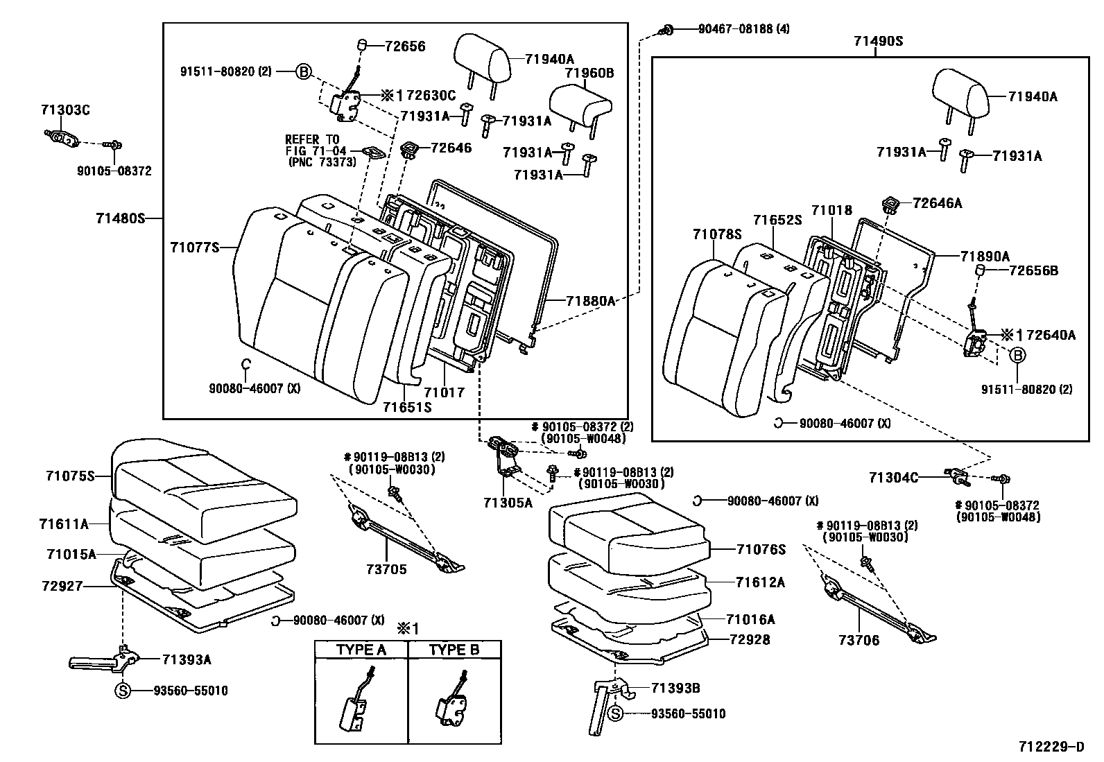 Toyota COROLLA 后排座椅和座椅滑轨 EPC diagram — 712229D