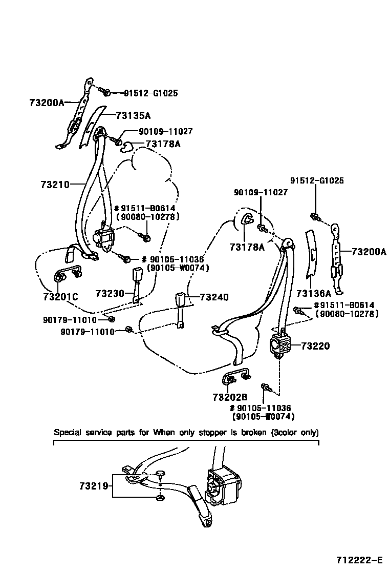 Toyota COROLLA 安全带和儿童保护座椅 EPC diagram — 712222E