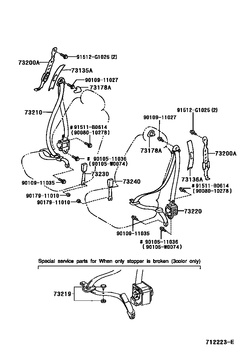 Toyota COROLLA 安全带和儿童保护座椅 EPC diagram — 712223E