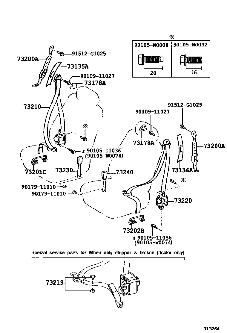Toyota COROLLA 安全带和儿童保护座椅 EPC diagram — 713264